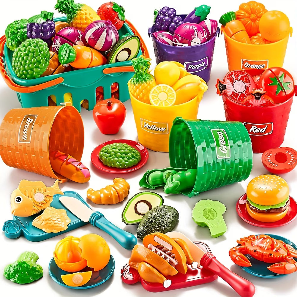Kids Pretend Play Cutting Food Toy Set – 77PCS Colorful Kitchen Playset