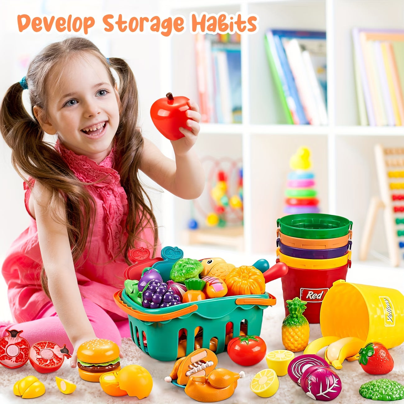 Kids Pretend Play Cutting Food Toy Set – 77PCS Colorful Kitchen Playset