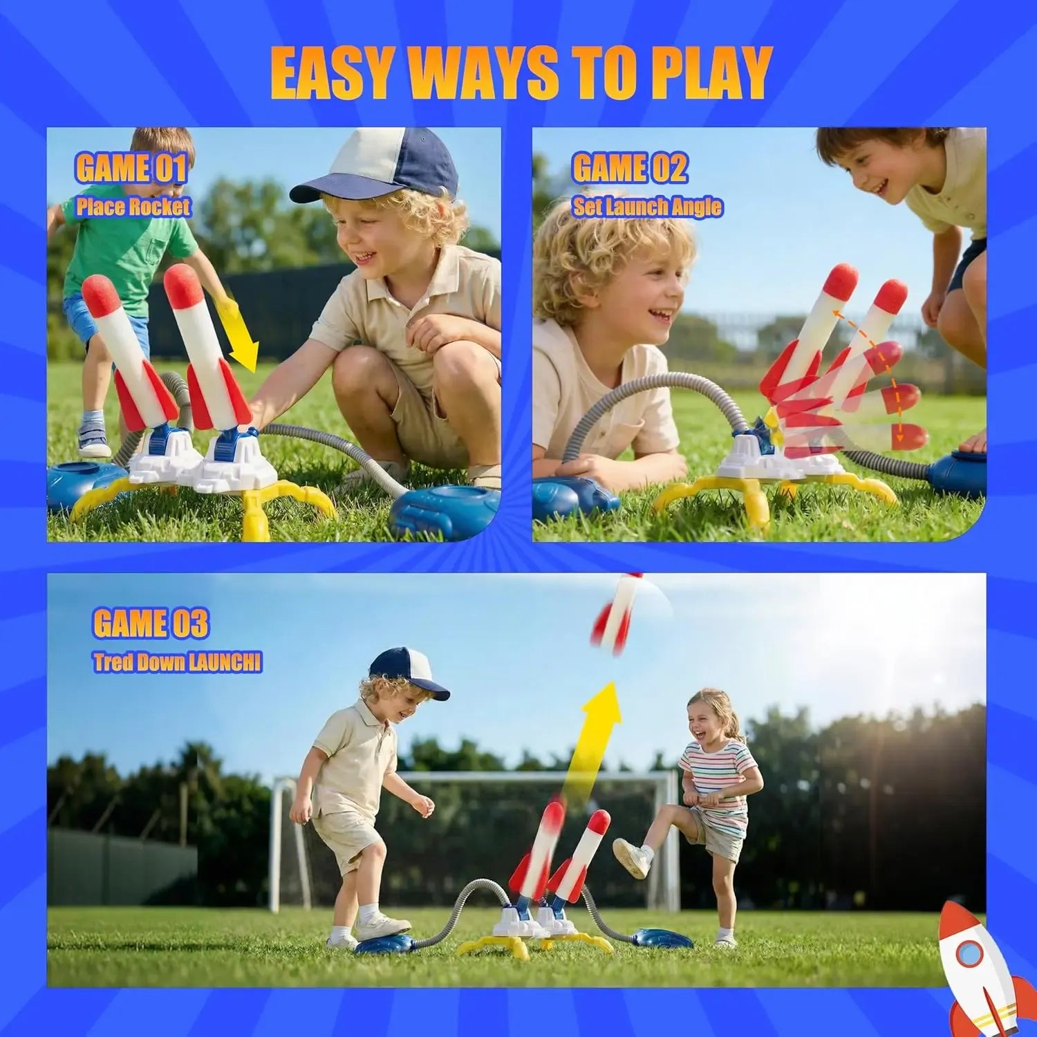 Jump Launch Rocket Set | Foam Air Rocket Activity Toy | Outdoor Running Play Game