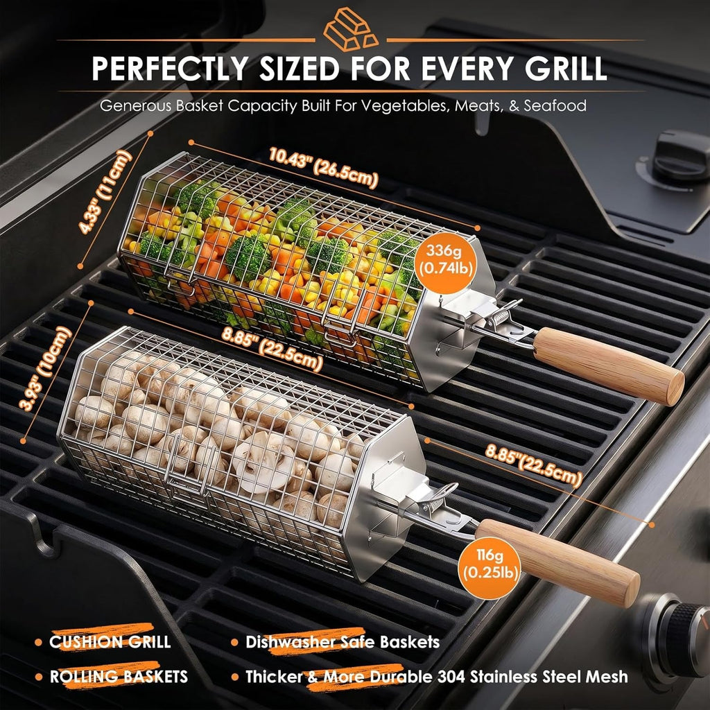 2pcs Rotating Grill Basket | Stainless Steel BBQ Grilling Basket